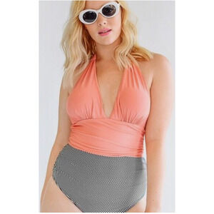 Cupshe Swimsuit Peach Black White Stripe Halter Size LARGE One Piece Womens